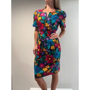 Vintage 1980s Bright Floral Talbots 100% Cotton Short Sleeve Midi Dress Sz 8 JL